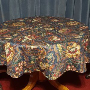 Excellent Condition, VINTAGE Waverly Print 64" Round Tablecloth in Blues, Greens